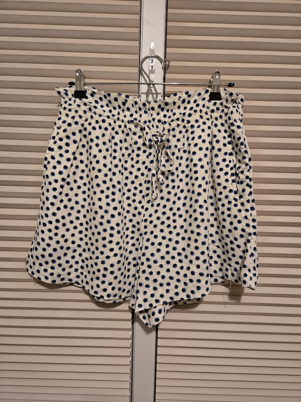 H&M White High-Waist Paperbag Shorts with Blue Polka Dots